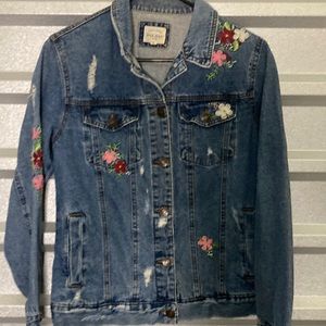 Wax Jean Denim Small Jean Jacket Embroidered Flowers Distressed Cotton Womens